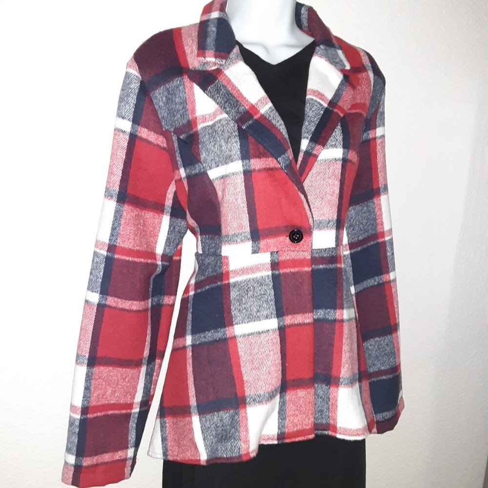 Women's Soft Plaid Shacket Jacket Coat * Peplum * Red White & Blue * XXL *